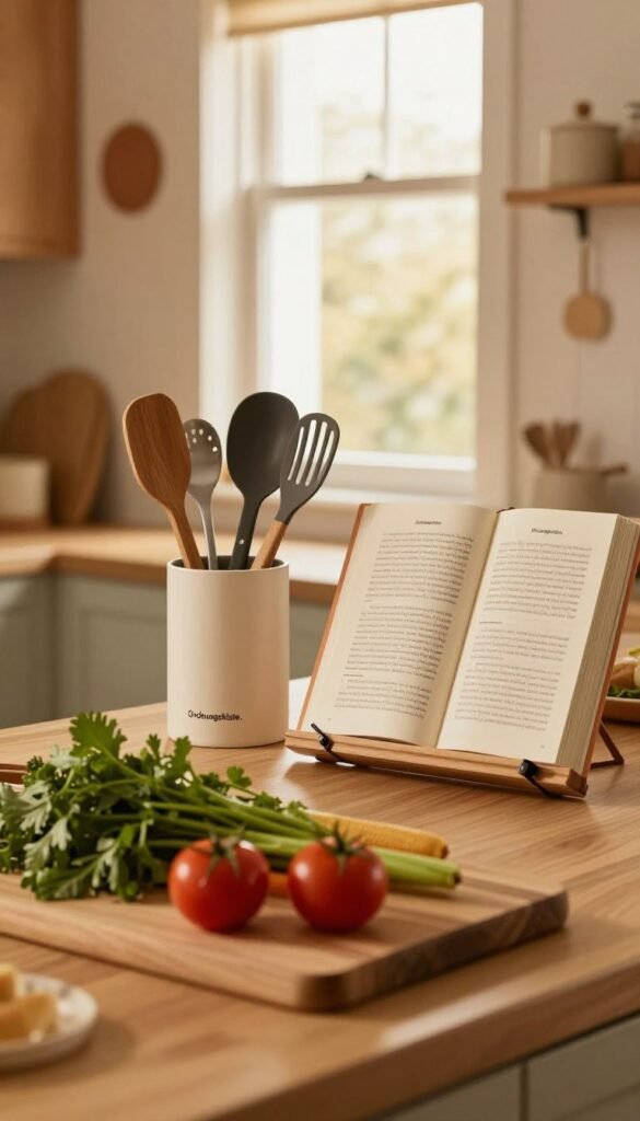 A cozy kitchen scene featuring a beautifully arranged kitchen countertop, showcasing the brand "Ordnungskiste." In the foreground, a wooden cutting board displays fresh vegetables and herbs, inviting cooking creativity. The mid-ground features an aesthetically pleasing utensil holder filled with cooking tools and a cookbook open to a recipe, symbolizing inspiration. In the background, a softly lit window allows warm, natural light to pour in, illuminating the scene and creating a welcoming atmosphere. The walls are adorned with subtle, warm-colored decorations that evoke a heartfelt, homey feeling. The overall mood is serene and encouraging, emphasizing the joy of cooking while subtely reflecting the challenges of daily meal preparation. The color palette is rich in warm hues, promoting a Pinterest-worthy aesthetic.