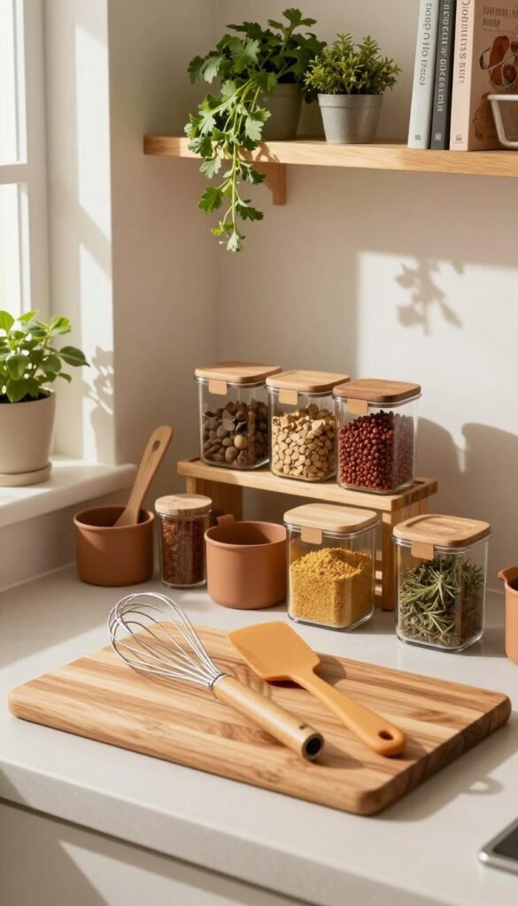 A cozy kitchen scene featuring a beautifully arranged set of kitchen helpers by "Ordnungskiste." In the foreground, a stylish wooden cutting board showcases various utensils like a whisk, measuring cups, and a silicone spatula in warm, earthy tones. The middle ground highlights a set of organized kitchen containers holding spices and ingredients, creating a sense of order and functionality. The background features wooden shelves adorned with fresh herbs and a few cookbooks, suggesting versatility in cooking styles. Soft, natural lighting filters in through a window, casting gentle shadows, enhancing the inviting atmosphere. The overall mood is warm and homey, ideal for inspiring culinary creativity, with a Pinterest-worthy aesthetic.