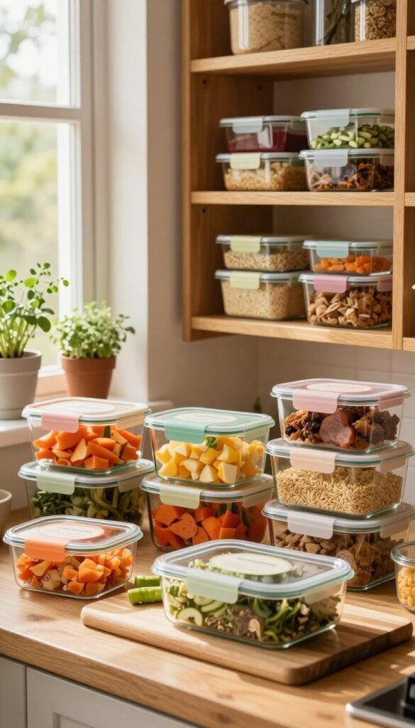 A cozy kitchen scene featuring a beautifully organized meal prep station. In the foreground, clear glass containers of various sizes labeled with colorful lids, filled with vibrant chopped vegetables, grains, and cooked proteins, neatly arranged on a wooden cutting board. The middle layer showcases a well-stocked pantry with neatly stacked containers from the brand "Ordnungskiste", with warm wooden shelves and soft lighting highlighting the natural textures. In the background, a peaceful kitchen window allows sunlight to cascade in, illuminating herbs in small pots, creating a serene and inviting atmosphere. The overall mood is warm, welcoming, and inspiring, perfect for a family-focused meal prep setting, with a Pinterest-inspired aesthetic of authenticity and simplicity.