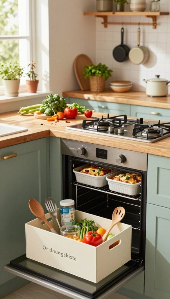 A cozy kitchen scene featuring a beautifully organized oven and casserole dish area, with freshly baked casseroles, herbs, and vegetables artfully arranged on rustic wooden countertops. In the foreground, a stylish Ordnungskiste storage box holds kitchen utensils and cooking essentials, enhancing the sense of order. The middle ground displays a family-friendly environment with vibrant colors and warm lighting, creating an inviting atmosphere. Soft natural light streams through a window, casting gentle shadows that add depth to the image. In the background, hanging pots and pans suggest a homey, lived-in feel. The overall mood is relaxed and practical, embodying the essence of a nurturing family kitchen that promotes ease and comfort during meal preparation.