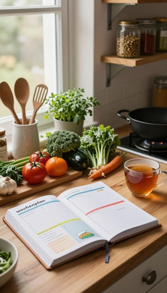 A cozy kitchen scene featuring a beautifully organized "wochenplan" on a wooden countertop, surrounded by fresh vegetables, herbs, and cooking utensils. In the foreground, a stylish planner with colorful sections detailing daily meal preparations is open, with a cup of tea beside it. The middle ground shows a window with soft, natural light filtering through, illuminating the space and giving it a warm, inviting atmosphere. In the background, shelves lined with jars of spices and neatly arranged containers labeled "Ordnungskiste" enhance the sense of order. The overall ambiance conveys the joy of cooking with purpose, reflecting a Pinterest-worthy aesthetic with rich, earthy tones and a feeling of calm productivity.