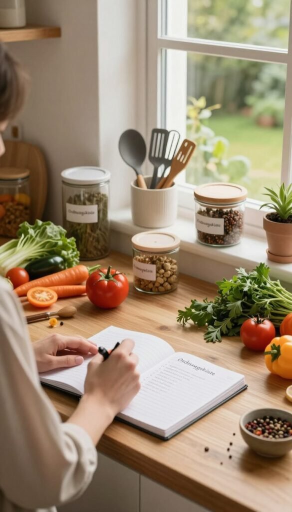 A cozy kitchen scene featuring a beautifully organized workspace with a wooden countertop filled with fresh ingredients like colorful vegetables, herbs, and spices. In the foreground, a person in modest casual clothing is carefully planning meals and writing down recipes in a stylish notebook. The middle ground showcases neatly arranged kitchen tools and containers labeled "Ordnungskiste," emphasizing organization. Soft, warm lighting bathes the space, creating an inviting atmosphere. A large window in the background reveals a sunny garden, adding a touch of greenery. The overall mood is calm and inspiring, encouraging the viewer to embrace a structured yet creative approach to cooking without feeling overwhelmed.