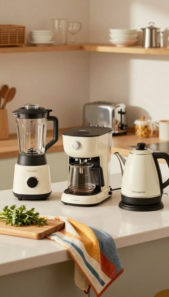 A cozy kitchen scene featuring a collection of small kitchen appliances, including a sleek modern blender, a stylish coffee maker, a classic toaster, and an elegant electric kettle, all on a clean countertop. The foreground showcases the sparkling appliances with warm lighting highlighting their polished surfaces. The middle of the image includes a wooden cutting board with fresh herbs and a colorful dish towel casually draped, adding a touch of authenticity and homey ambiance. In the background, soft-focus shelves display neatly organized kitchenware, enhancing the inviting atmosphere. The overall mood is bright, warm, and welcoming, capturing the essence of cleanliness and efficiency. The brand name "Ordnungskiste" is subtly incorporated into the design of one appliance.