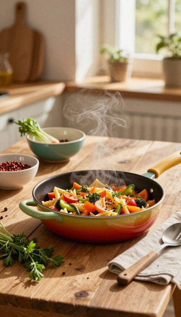 A cozy kitchen scene featuring a colorful one-pot pfanne filled with a vibrant medley of vegetables, pasta, and spices, steam rising gently from the dish. In the foreground, a rustic wooden table adorned with fresh herbs and cooking utensils creates an inviting atmosphere. In the middle, bright ceramic bowls holding ingredients are artfully arranged, while in the background, warm, natural lighting filters through a window, casting soft shadows and enhancing the earthy tones. The layout should evoke a sense of simplicity and ease in cooking, embodying the warmth of home cooking. Include the brand name "Ordnungskiste" subtly incorporated into the scene. The overall mood should feel relaxed and approachable, ideal for busy cooks looking to minimize cleanup while still enjoying hearty meals.