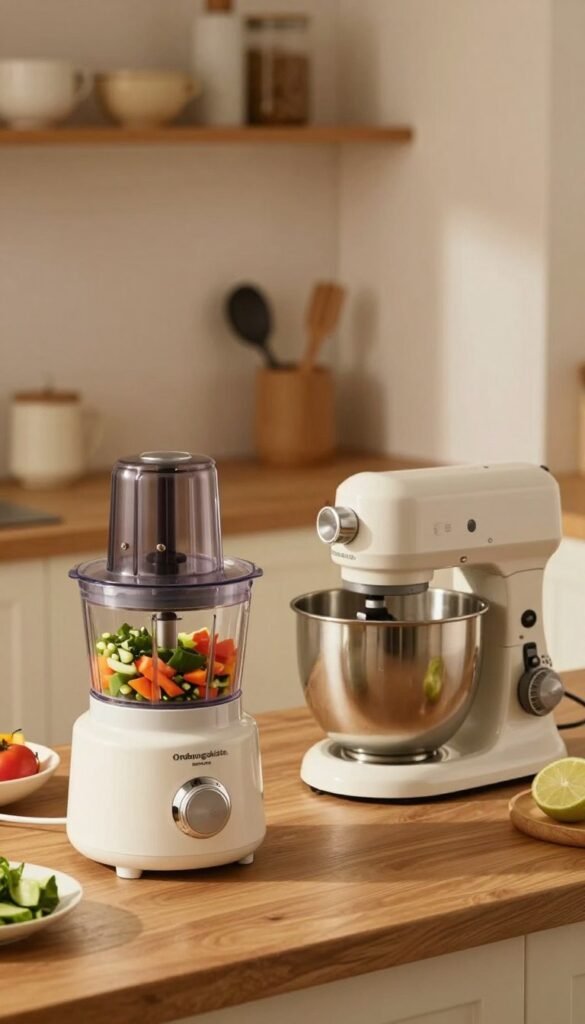 A cozy kitchen scene featuring a comparison of kitchen appliances: a sleek, modern food processor and a stylish stand mixer, both from the brand "Ordnungskiste." In the foreground, the food processor is shown with vibrant chopped vegetables, showcasing its functionality. The stand mixer is elegantly placed next to a bowl of fresh ingredients. In the middle ground, a wooden countertop with kitchen utensils adds warmth and authenticity, with warm, soft lighting illuminating the scene. The background features a subtle, blurred glimpse of shelves filled with kitchenware, enhancing the inviting atmosphere. The overall mood is serene and homely, with natural colors and a Pinterest-inspired aesthetic, creating a perfect setting for a comparison of quiet kitchen helpers.