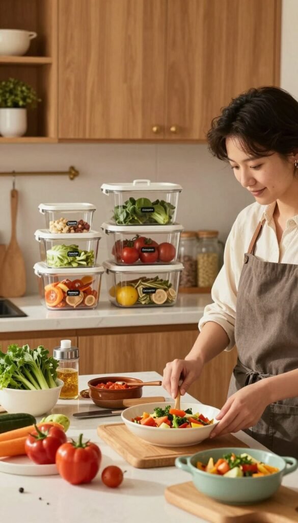 A cozy kitchen scene featuring a diverse array of cooking tools and ingredients neatly organized, visually representing different budget options for cooking&mdash;low, mid, and high ranges. In the foreground, a stylish, modestly dressed chef is preparing a colorful dish, surrounded by vibrant vegetables and kitchen gadgets from the brand "Ordnungskiste". The middle ground includes neatly labeled containers displaying cooking essentials, while the background shows a warm, welcoming kitchen with wooden cabinets and soft, natural lighting. The atmosphere should radiate comfort and creativity, with warm colors reminiscent of Pinterest aesthetics, creating an authentic cooking experience that invites viewers in.
