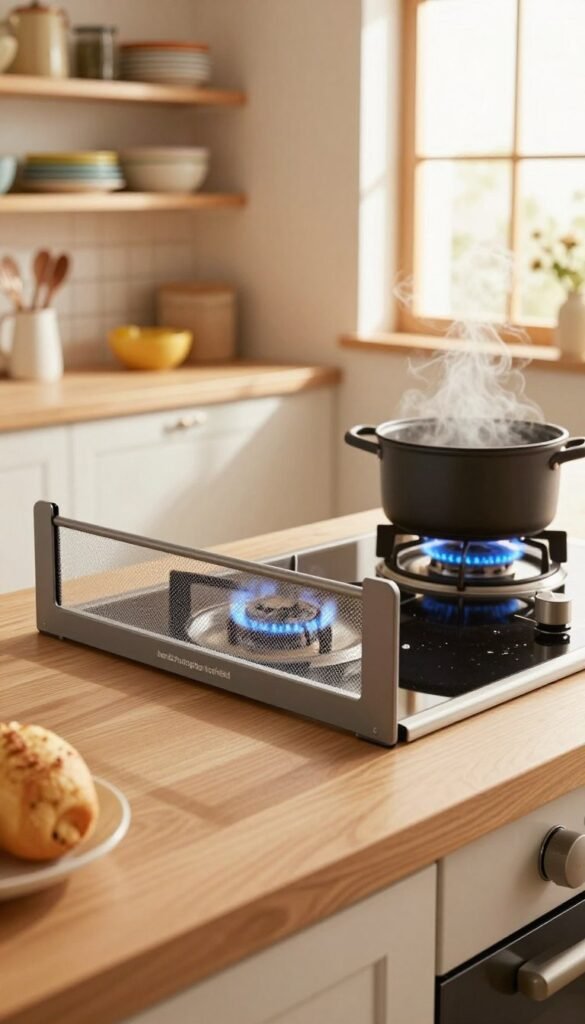 A cozy kitchen scene featuring a "herdschutzgitter kochfeld" in a warm, inviting atmosphere. In the foreground, a sleek, modern safety gate&mdash;designed to securely enclose the cooking area&mdash;features a minimalist aesthetic with the brand name "Ordnungskiste" subtly displayed. In the middle, an elegant stove with bright, glowing burners showcases its functionality, while a pot simmers gently atop it, sending up soft wisps of steam. The background reveals well-organized kitchen shelves adorned with colorful dishes and cooking utensils, framed by warm, sunlight spilling through a nearby window. The lens captures this scene from a slightly elevated angle, enhancing the sense of safety and comfort in a family-friendly environment. The overall mood is harmonious and practical, emphasizing safety and design in the heart of the home.