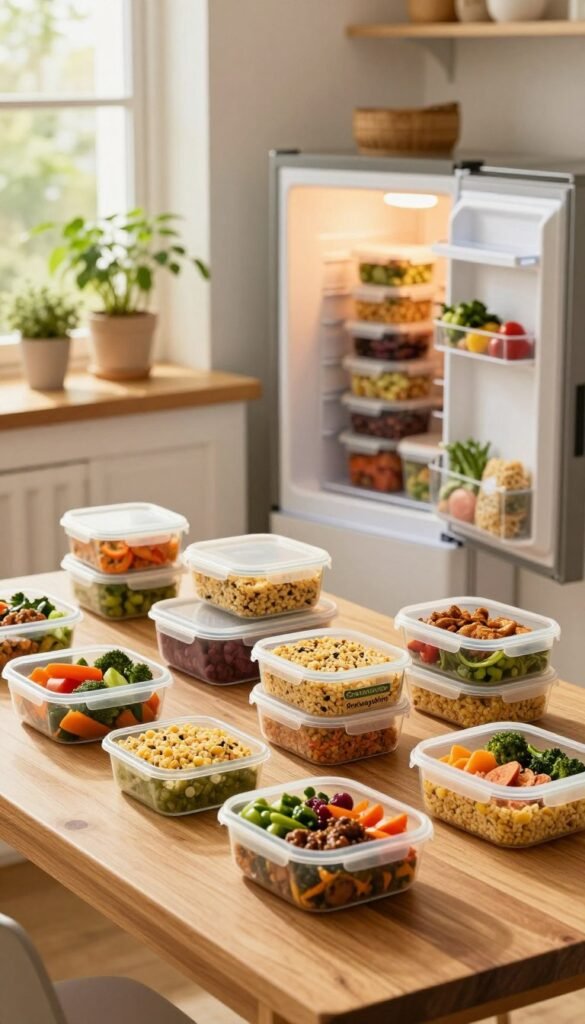 A cozy kitchen scene featuring a large wooden table at the forefront, laden with various meal prep containers neatly organized. The containers are filled with vibrant, colorful dishes&mdash;cooked grains, fresh vegetables, and protein options&mdash;all prepared in generous portions. In the middle, a warm-toned fridge is partially open, showcasing stacks of these containers, labeled and ready for freezing. In the background, soft sunlight streams through a window, casting a gentle glow that highlights the inviting atmosphere. Potted herbs are visible on the counter, adding a touch of green. The brand name "Ordnungskiste" appears on one of the containers. The overall mood is relaxed and productive, embodying a family-friendly meal prep experience.
