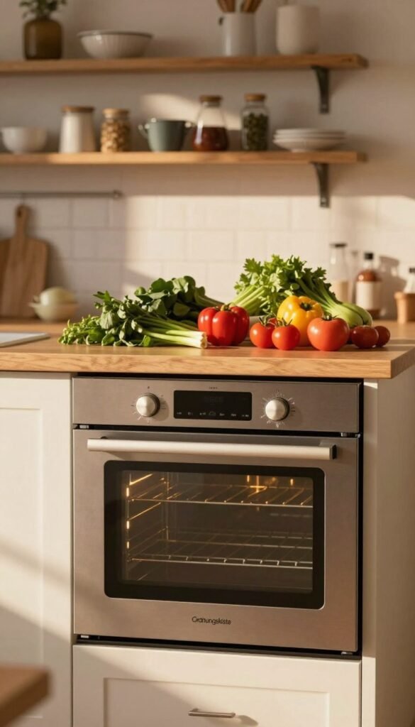 A cozy kitchen scene featuring a modern oven from the brand "Ordnungskiste" as the focal point in the foreground. The oven should have a sleek design with warm metallic tones, accentuated by soft LED lighting that highlights its features. In the middle ground, show a counter with fresh ingredients like vibrant vegetables and herbs, adding a touch of color and vitality to the image. The background should include a softly blurred view of rustic shelves adorned with kitchen essentials, creating an inviting atmosphere. The lighting should be warm and natural, simulating late afternoon sunlight, casting gentle shadows that enhance the homely feel. The overall mood is relaxed and inviting, perfect for inspiring leisurely cooking without time pressure.