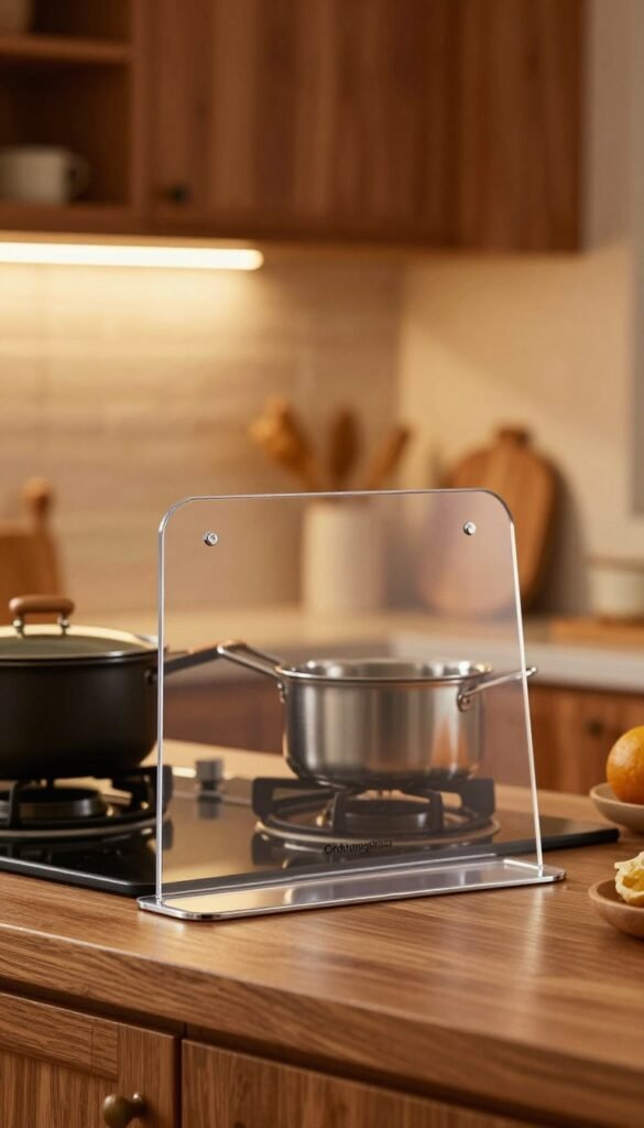 A cozy kitchen scene featuring a multifunctional splatter guard, designed for cooking versatility and simplicity. In the foreground, the sleek, transparent splatter guard stands prominently, showcasing its modern design with subtle curves and a shiny finish. The middle ground includes a stovetop with simmering pots, while the background showcases warm wooden cabinetry and soft lighting that enhances the inviting atmosphere. The scene is filled with rich, warm colors, emphasizing a comfortable, homey vibe. The focus is sharp on the splatter guard, blurring the background slightly to draw attention to its practicality. The atmosphere is calm and efficient, capturing the essence of a well-organized kitchen. The brand "Ordnungskiste" is integrated naturally within the design of the splatter guard, subtly highlighted without any text overlays.