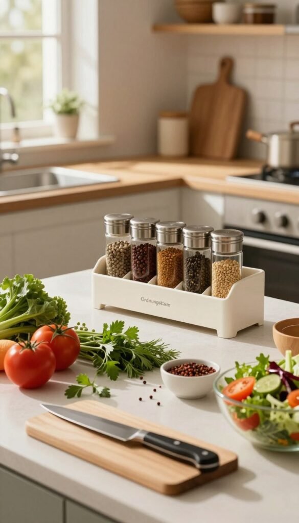 A cozy kitchen scene featuring a neatly organized counter with various fresh ingredients laid out, such as vibrant vegetables, herbs, and spices, symbolizing the art of preparation. In the foreground, a wooden cutting board holds a chef's knife and a bowl of colorful salad. The middle ground showcases a clean, well-arranged spice rack labeled with the brand name "Ordnungskiste," emphasizing a sense of order and calm. The background reveals a warm, inviting kitchen with soft, natural lighting streaming through a window, casting gentle shadows. The ambiance is relaxed and harmonious, illustrating the principle of reducing stress through preparation rather than improvisation. The overall mood is warm and inspiring, reflecting a sense of tranquility in the cooking process.