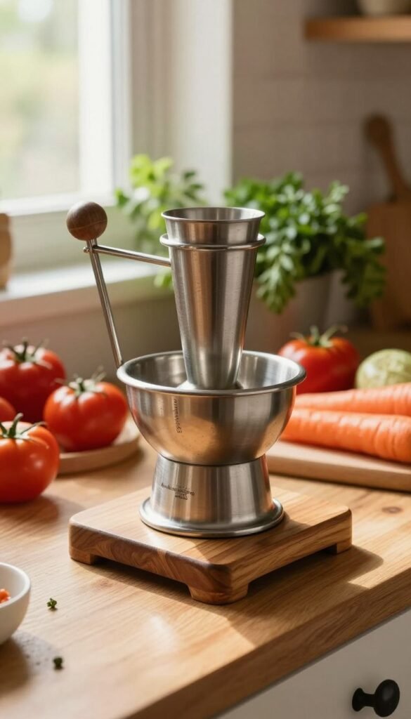 A cozy kitchen scene featuring a rustic "Ordnungskiste" Passierm&uuml;hle food mill at the forefront, positioned on a wooden countertop. The mill, made of stainless steel and wood, is elegantly crafted, showcasing its intricate design. In the background, a soft-focus arrangement of vibrant, fresh ingredients like ripe tomatoes, carrots, and aromatic herbs is displayed, hinting at their use in silky sauces and baby food. Natural light streams in through a nearby window, casting warm, golden hues that enhance the inviting atmosphere. A subtle depth of field draws attention to the food mill while maintaining an overall Pinterest aesthetic. The mood is warm, welcoming, and homey, emphasizing the charm of cooking without electricity.