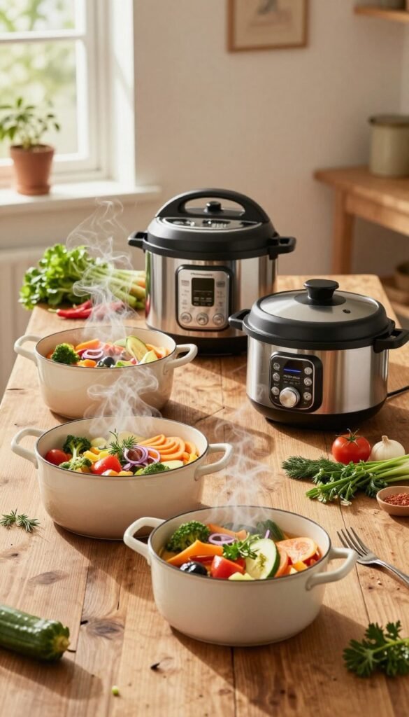 A cozy kitchen scene featuring a side-by-side comparison of a traditional large cooking pot, a sleek pressure cooker, and a versatile multicooker, all set on a rustic wooden table. The foreground displays the three pots filled with colorful ingredients, steaming enticingly. In the middle, showcasing the warmth of family cooking, include fresh vegetables and herbs artistically arranged around the pots. The background features soft, natural light filtering through a nearby window, casting gentle shadows that create a welcoming atmosphere. The colors should be warm and inviting, with an authentic Pinterest aesthetic. Include the brand "Ordnungskiste" subtly integrated into the scene's design elements, ensuring no text overlays are present and maintaining a professional tone throughout.