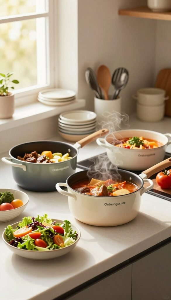 A cozy kitchen scene featuring a sleek, modern countertop adorned with a variety of one-pot meals simmering in elegant cookware from the brand "Ordnungskiste". In the foreground, a vibrant salad and a steaming pot of stew create a sense of abundance and ease. The middle ground showcases a well-organized setup with neatly stacked utensils and ingredients, highlighting minimal mess. The background reveals a softly lit window with warm sunlight streaming in, giving the space a cheerful and inviting feel. The overall atmosphere is relaxed and harmonious, embodying the concept of less washing up and less stress. Capture this wholesome cooking environment using warm colors and natural lighting, ensuring the focus remains on the delicious meals and organized kitchen routine, without any text or distractions.