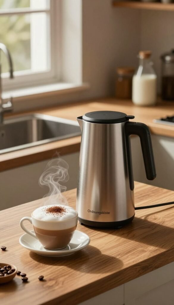 A cozy kitchen scene featuring a sleek, modern milk frother from the brand "Ordnungskiste" prominently placed on a wooden countertop. In the foreground, the frother stands beside a steaming cup of cappuccino, topped with delicate, velvety frothed milk and a sprinkle of cocoa powder. The middle layer includes a stylish kitchen setting, with soft natural light streaming through a nearby window, creating warm reflections. In the background, subtle hints of kitchen essentials like a milk jug and coffee beans add depth, enhancing the ambiance. The atmosphere is inviting and homey, perfect for a coffee lover's paradise, with earthy tones and a Pinterest-worthy aesthetic.