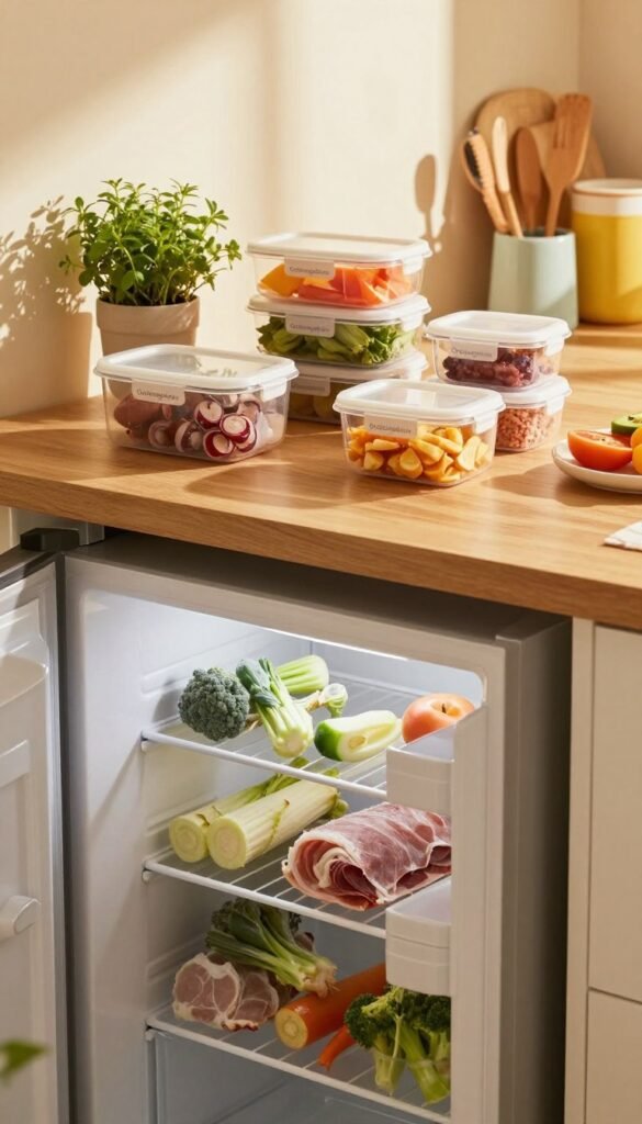 A cozy kitchen scene featuring a sleek, modern refrigerator in the foreground, slightly ajar to show a variety of frozen foods like vegetables and meat, gently thawing. In the middle ground, a wooden countertop displays neatly organized containers from "Ordnungskiste", filled with prepped ingredients for a meal, adding to the mise en place aesthetic. The background showcases warm, inviting lighting that emulates a sunlit kitchen, with herbs in pots and colorful kitchenware. The overall mood is serene and encouraging, emphasizing good preparation and organization. Ensure the image has a Pinterest-inspired look, incorporating natural warm colors, and avoid any text or overlays.