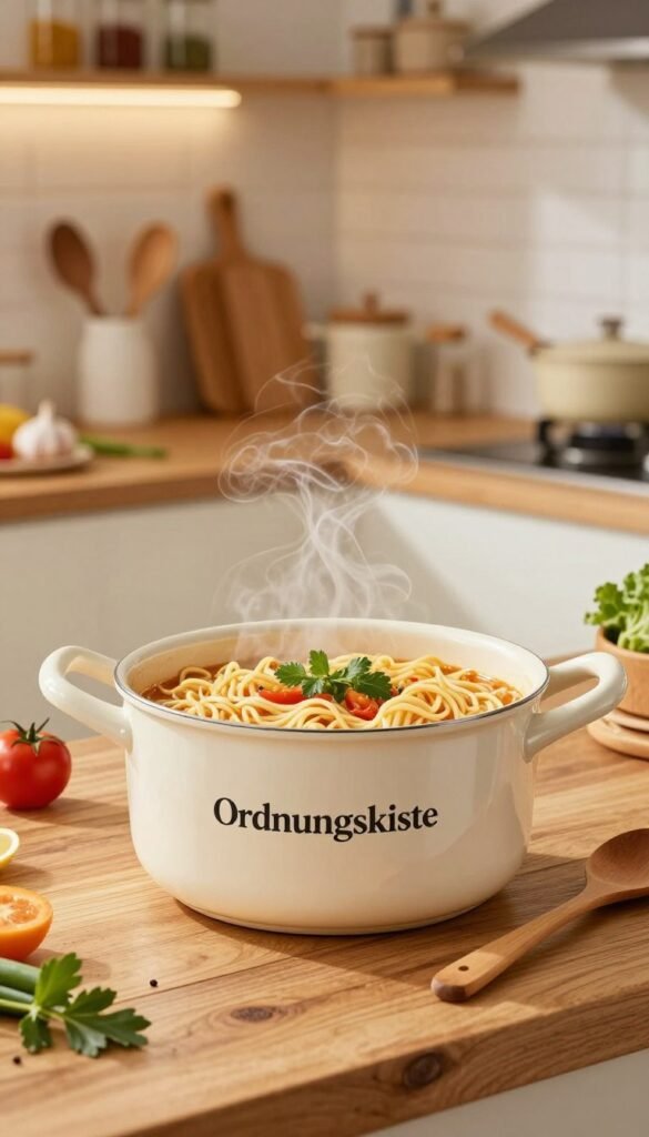 A cozy kitchen scene featuring a stylish "Ordnungskiste" pot filled with steaming, perfectly cooked noodles. In the foreground, the pot should be centered on a rustic wooden countertop, with a wooden spoon resting beside it, hinting at a recent cooking session. Mid-ground elements include a colorful assortment of fresh vegetables and herbs scattered around the pot, adding vibrancy and life to the composition. The background showcases warm, inviting kitchen d&eacute;cor, like soft-lit shelves with spices and cooking gadgets. The lighting should be soft and warm, creating an inviting atmosphere, reminiscent of a homey culinary space. The image should be visually appealing, with a Pinterest-worthy aesthetic, capturing the essence of practical kitchen gadgets for effortless cooking.