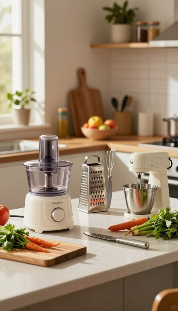A cozy kitchen scene featuring a stylish countertop setup for food preparation. In the foreground, a high-quality "Ordnungskiste" food processor is elegantly displayed alongside a wooden cutting board, fresh vegetables, and herbs. In the middle, various kitchen tools like a grater, knife, and a mixer are artfully arranged, all reflecting a warm, inviting aesthetic. The background showcases softly blurred elements of a homey kitchen environment, such as shelves filled with spices and a bowl of fruit, enhancing the atmosphere. Natural light pours in through a nearby window, casting soft shadows and giving the image a warm glow, evoking a sense of comfort and culinary creativity. The overall mood is inviting, with a Pinterest-inspired look that emphasizes organization and functionality without any text or labels. A cozy kitchen scene featuring a stylish countertop setup for food preparation. In the foreground, a high-quality "Ordnungskiste" food processor is elegantly displayed alongside a wooden cutting board, fresh vegetables, and herbs. In the middle, various kitchen tools like a grater, knife, and a mixer are artfully arranged, all reflecting a warm, inviting aesthetic. The background showcases softly blurred elements of a homey kitchen environment, such as shelves filled with spices and a bowl of fruit, enhancing the atmosphere. Natural light pours in through a nearby window, casting soft shadows and giving the image a warm glow, evoking a sense of comfort and culinary creativity. The overall mood is inviting, with a Pinterest-inspired look that emphasizes organization and functionality without any text or labels.