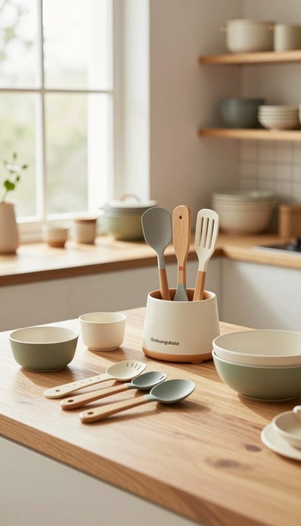 A cozy kitchen scene featuring a stylish layout of curated kitchen utensils from the brand "Ordnungskiste". In the foreground, display an organized counter with essential gadgets like measuring cups, spatulas, and mixing bowls, all arranged neatly. The middle ground should include a well-designed, ergonomic kitchen tool set, emphasizing size and usability, in warm, inviting colors. In the background, showcase a bright window with soft natural light streaming in, illuminating wooden shelves filled with neatly stored kitchen items, creating an atmosphere of order and functionality. This image should evoke a sense of practicality and aesthetic charm, embodying the ideal kitchen environment without any text or distractions.