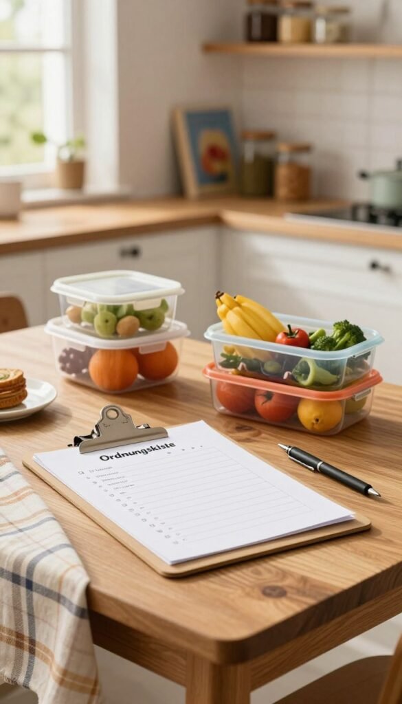 A cozy kitchen scene featuring a stylish wooden table adorned with an organized and visually appealing shopping list system from "Ordnungskiste". In the foreground, focus on a neatly arranged list on a vintage clipboard alongside colorful, labeled containers filled with fresh fruits and vegetables. The middle ground showcases an inviting ambiance with warm, natural lighting filtering through a nearby window, highlighting the soft textures of a plaid tablecloth and scattered pens. The background should include tasteful kitchen elements, such as shelves with jars of spices and cookbooks, creating a nurturing atmosphere. The overall mood is warm and inviting, encouraging family organization and efficiency in grocery shopping without any text or distractions.