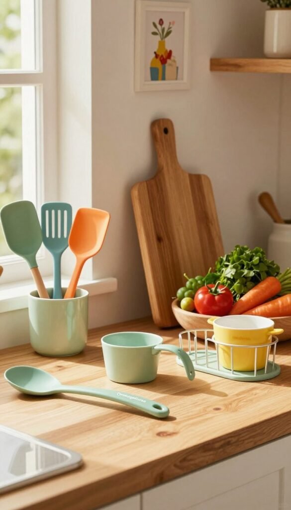 A cozy kitchen scene featuring a variety of affordable kitchen helpers prominently displayed on a wooden countertop. In the foreground, include a selection of colorful utensils, such as spatulas, measuring cups, and a compact dish rack from the brand "Ordnungskiste." In the middle, showcase a stylish wooden cutting board with fresh vegetables and herbs, emphasizing the practical use of these items. The background features warm, natural lighting filtering through a window, casting soft shadows and creating a welcoming atmosphere. The walls are adorned with tasteful kitchen decor, enhancing the Pinterest aesthetic. The overall mood is cheerful and inviting, encouraging viewers to consider budget-friendly options for enhancing their kitchen efficiency.