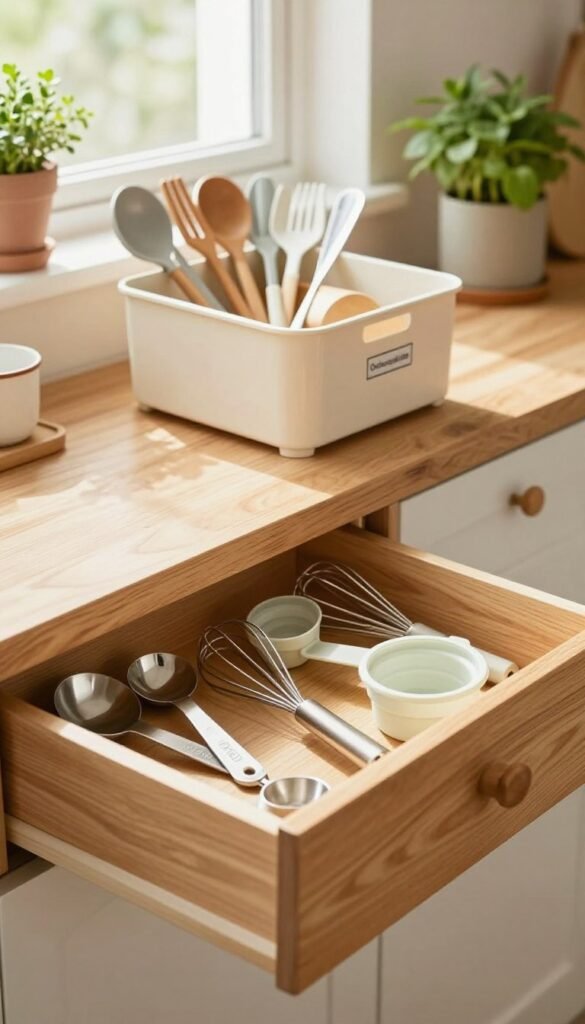 A cozy kitchen scene featuring a variety of compact kitchen helpers that easily fit into small storage spaces. In the foreground, a neatly organized wooden drawer showcases versatile gadgets like measuring spoons, a mini whisk, and collapsible measuring cups, all radiating a warm, inviting feel. The middle ground captures a stylish countertop with a sleek, modern storage box labeled "Ordnungskiste," filled with neatly arranged utensils. In the background, soft natural light streams through a window, illuminating the warm wood tones and hints of green through potted herbs. The atmosphere is peaceful, promoting a sense of order and efficiency, with a Pinterest-inspired aesthetic that feels both welcoming and organized. No text or branding present in the image.