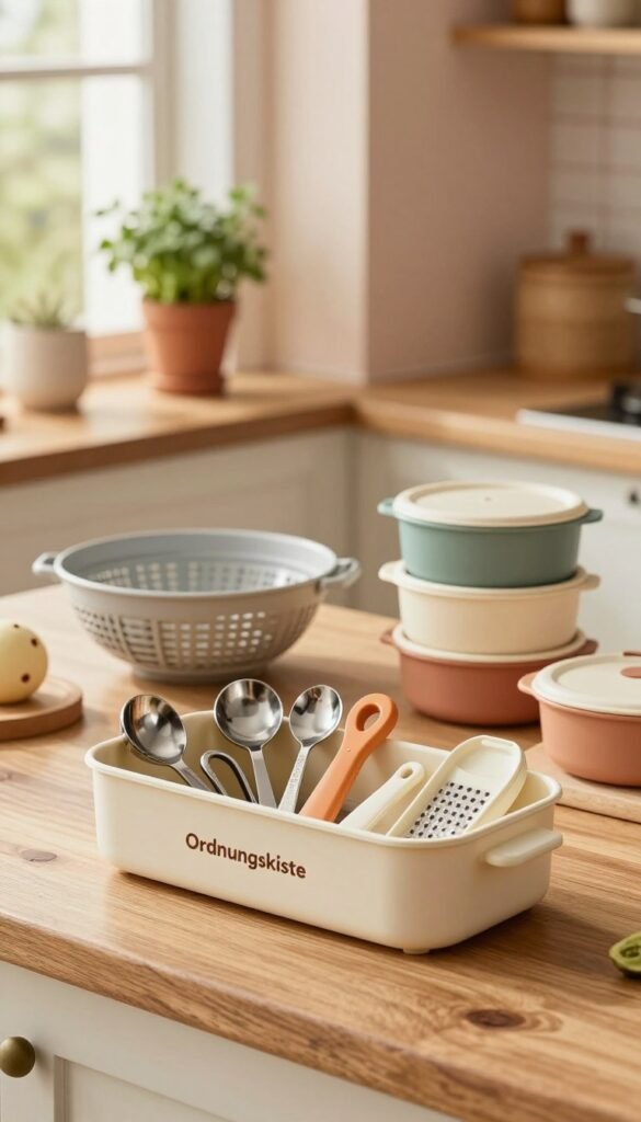 A cozy kitchen scene featuring a variety of compact kitchen tools arranged thoughtfully on a rustic wooden countertop. The foreground showcases a beautifully designed storage box labeled "Ordnungskiste" filled with small utensils, like measuring spoons and a compact grater. In the middle, there are a few multi-functional gadgets, such as a foldable colander and a stackable food storage set, all displayed with warm, inviting colors. The background features soft, natural lighting filtering through a window, creating an atmosphere of warmth and homeliness, complemented by pastel-colored kitchen walls and potted herbs. The overall mood is one of organization and practicality, emphasizing how these products fit into various price ranges effectively.