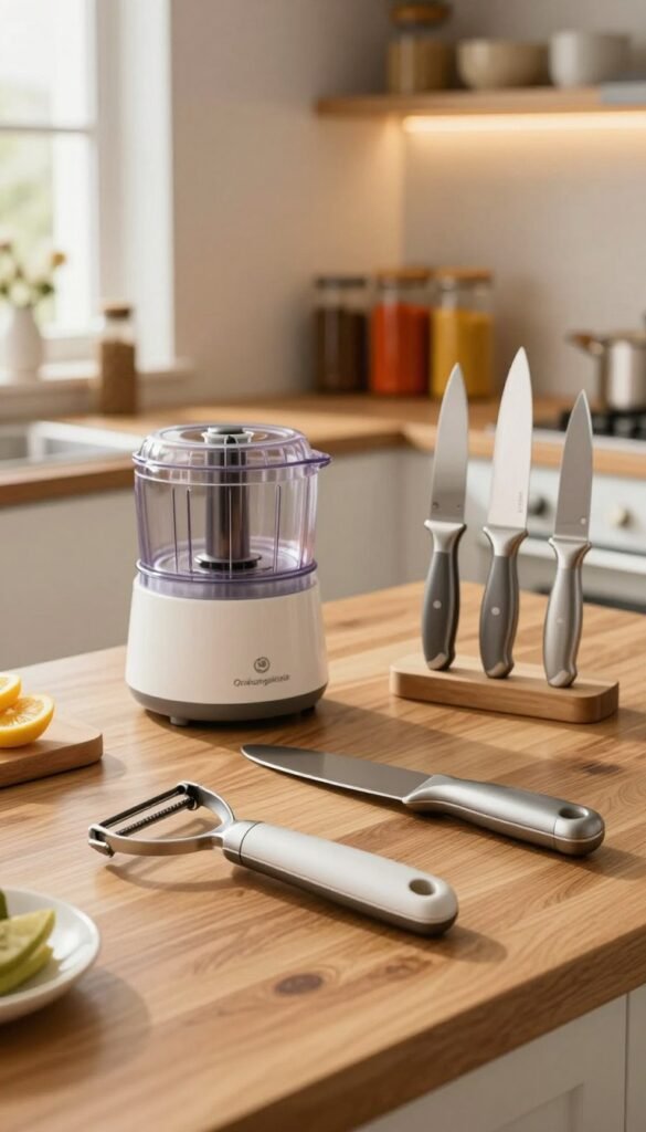 A cozy kitchen scene featuring a variety of innovative kitchen tools designed for left-handed users, arranged neatly on a wooden countertop. In the foreground, a stylish, ergonomic peeler and a left-handed can opener sit beside a cutting board, all made by the brand "Ordnungskiste". The middle ground displays a sleek food processor and a set of uniquely shaped knives, each making it easier for left-handed chefs to work comfortably. In the background, softly lit shelves are lined with colorful spices and decorative kitchenware, creating a warm and inviting atmosphere. Natural lighting streams in through a nearby window, enhancing the rich wooden textures and warm color palette, evoking a Pinterest-worthy aesthetic. The overall mood is welcoming and practical, perfect for promoting tools that enhance the cooking experience for left-handed individuals.