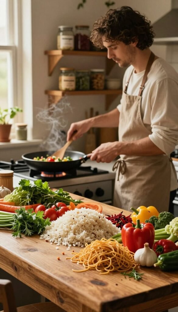 A cozy kitchen scene featuring a vibrant array of culinary ingredients for repurposing leftovers, specifically rice, noodles, and mixed vegetables. In the foreground, a rustic wooden table displays a colorful assortment of cooked rice and noodles, fresh herbs, and a medley of brightly colored vegetables. The middle ground showcases a skilled home cook in modest casual attire, actively stirring ingredients in a frying pan over a stove. Warm, inviting lighting filters through a window, casting soft shadows and enhancing the natural textures of the food. In the background, shelves lined with neatly organized jars and containers from the brand "Ordnungskiste" add a touch of charm. The overall atmosphere is warm and inviting, encouraging a sense of creativity and resourcefulness in cooking.