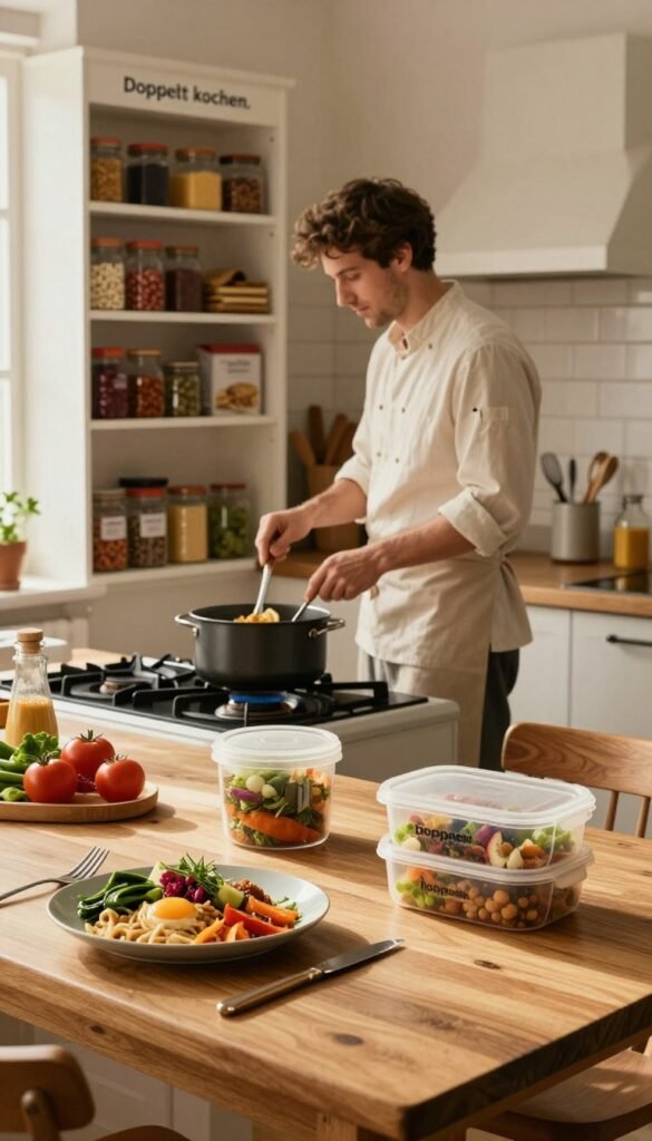 A cozy kitchen scene featuring a warm, inviting atmosphere, showcasing the concept of "doppelt kochen." In the foreground, a wooden dining table is set with two beautifully plated meals, one for immediate enjoyment and the other in stylish containers for later. In the middle, a chef, dressed in modest casual attire, is stirring a pot on the stove, surrounded by fresh ingredients and utensils, emphasizing the cooking process. The background includes a well-organized pantry labeled "Ordnungskiste," with neatly arranged spices and dried goods, enhancing the theme of meal prep. The scene is lit by soft, natural light streaming in from a window, creating a Pinterest-worthy aesthetic filled with warm colors and authentic textures. The overall mood is relaxed and practical, illustrating the efficiency of preparing meals in advance without distractions.
