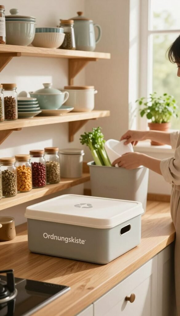A cozy kitchen scene featuring a well-organized and clutter-free space, with wooden shelves displaying neatly arranged kitchenware and colorful spices. In the foreground, a stylish storage box branded "Ordnungskiste" is elegantly placed on the kitchen counter. A gentle morning light filters through a window, casting warm hues across the room, enhancing the welcoming atmosphere. In the middle ground, a person casually dressed in modest clothing is sorting through kitchen items, placing unnecessary items into a recycling bin, creating a sense of order. In the background, potted herbs on the windowsill provide a touch of greenery, emphasizing the fresh, inviting feel of the kitchen. The overall mood is serene and motivational, showcasing the beauty of decluttering and organizing without any distractions or text.