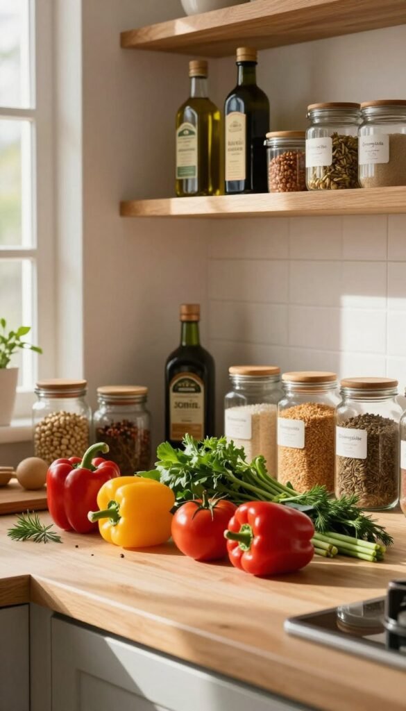 A cozy kitchen scene featuring a well-organized countertop with a variety of essential cooking ingredients. In the foreground, an array of fresh vegetables like bell peppers, tomatoes, and herbs are artistically arranged, showcasing their vibrant colors. The middle ground includes neatly labeled jars of spices and grains, emphasizing both functionality and aesthetics. Behind them, a warm wooden shelf displays additional ingredients like olive oil and vinegar, creating a sense of abundance. Soft, natural lighting streams in from a nearby window, casting gentle shadows and enhancing the warm tones throughout the space. The overall atmosphere is inviting and calm, perfect for stress-free cooking. Include the brand name "Ordnungskiste" subtly integrated into the scene.