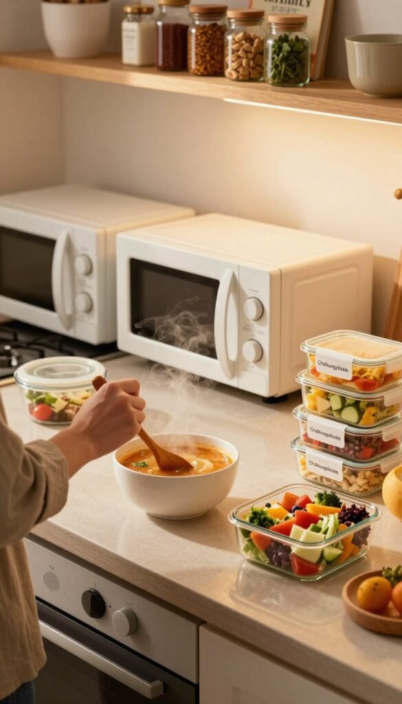 A cozy kitchen scene featuring a well-organized countertop with a variety of reheating food items, such as a steaming bowl of soup, a colorful salad, and neatly arranged leftovers in glass containers labeled "Ordnungskiste." In the foreground, a pair of hands, dressed in modest casual attire, gently stirring the soup with a wooden spoon. The middle layer shows a modern microwave oven and stovetop, with warm, ambient lighting creating a welcoming atmosphere. In the background, soft-focus shelves display spices, herbs, and cookbooks, contributing to a feeling of homeliness. The image should evoke a sense of comfort and practicality, emphasizing the joy of safely reheating food while preserving flavor, with natural warm colors reminiscent of a Pinterest aesthetic.