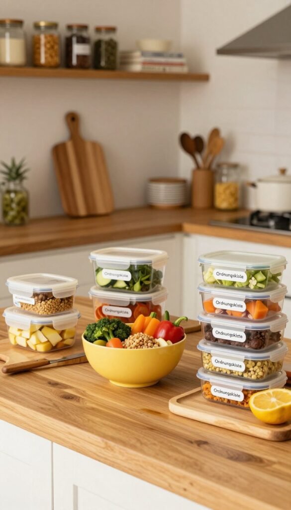 A cozy kitchen scene featuring a well-organized meal prep station with colorful, healthy ingredients. The foreground showcases a wooden countertop filled with various meal prep containers from the brand "Ordnungskiste," neatly labeled and arranged. In the middle, a bright bowl of mixed vegetables, grains, and protein options is artfully displayed alongside cutting boards and utensils, emphasizing ease and accessibility. The background reveals soft, warm lighting that fills the space, with shelves stocked with jars of spices and cookbooks to enhance the homey atmosphere. The image conveys an inviting, inspiring mood, perfect for busy families, focusing on simplicity and practicality in meal prep. The overall look is natural with warm colors, giving it a genuine Pinterest-inspired aesthetic.