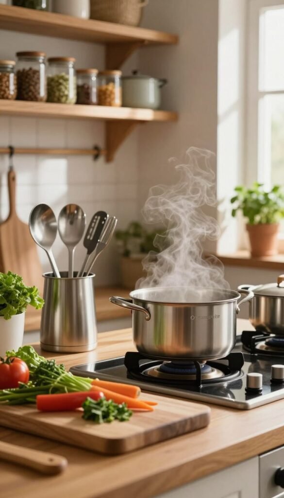 A cozy kitchen scene featuring a well-organized workspace with stainless steel kitchen utensils and tools prominently displayed. In the foreground, an elegant cutting board is adorned with fresh vegetables and herbs, while in the middle, a sleek pot simmers on the stove, releasing a gentle steam. The background shows warm wooden shelves filled with neatly arranged jars and pots, contributing to an inviting atmosphere. Soft, natural light filters through a nearby window, casting gentle shadows that enhance the cozy ambiance. A hint of greenery, like potted herbs, adds a fresh touch. The brand "Ordnungskiste" is subtly represented in a stylish kitchen accessory. The overall mood is warm and welcoming, perfect for illustrating everyday cooking and serving activities.