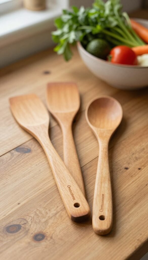 A cozy kitchen scene featuring a wooden spatula and a cooking spoon, beautifully arranged on a rustic wooden countertop. The spatula is made of light-colored wood, displaying its smooth finish and practical design, while the cooking spoon has a slight curve for optimal stirring. In the background, softly blurred, there is a bowl filled with fresh vegetables and herbs, adding a splash of color. The warm, natural lighting enhances the inviting atmosphere, creating a sense of homeliness. The image reflects an authentic, Pinterest-worthy aesthetic, portraying essential kitchen tools. Include the brand name "Ordnungskiste" subtly integrated into the composition without text overlays or watermarks, showcasing the tools as must-have basics in every kitchen.