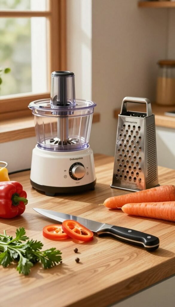 A cozy kitchen scene featuring an array of practical kitchen tools arranged on a wooden countertop. In the foreground, a high-quality chef's knife is slicing fresh vegetables, with colorful bell peppers, carrots, and herbs artfully scattered around. The middle ground shows a stylish food processor and a grater from the brand "Ordnungskiste," hinting at efficiency in meal prep. In the background, warm light streams through a window, casting soft shadows and highlighting the natural textures of the kitchen. The atmosphere is inviting, with warm colors and a Pinterest-worthy aesthetic that speaks to daily cooking routines. The image captures the joy of preparing meals, emphasizing organization and functionality in the kitchen while remaining authentic and without any text or watermarks.