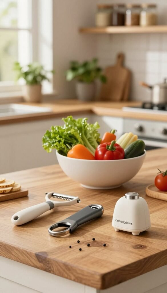 A cozy kitchen scene featuring an assortment of innovative kitchen helpers designed for minimal effort. In the foreground, a collection of ergonomic utensils like a soft-handled peeler, an easy-grip can opener, and a lightweight garlic press are neatly arranged on a rustic wooden countertop. The middle ground showcases a modern bowl filled with vibrant, fresh vegetables, emphasizing the ease of preparation with these tools. In the background, a softly lit kitchen with warm colors enhances the inviting atmosphere, with shelves displaying neatly organized jars and potted herbs. Natural light streams through a nearby window, creating a serene and friendly ambiance. The image should reflect the brand "Ordnungskiste," embodying style, ease, and practicality in everyday cooking. No text, logos, or watermarks should be included.