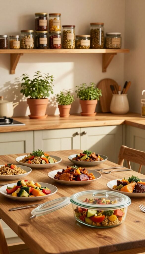 A cozy kitchen scene featuring an inviting wooden dining table filled with neatly arranged plates of colorful leftovers, showcasing a variety of dishes such as roasted vegetables, stews, and grains. In the foreground, a glass container with a lid holds perfectly portioned leftovers, emphasizing the idea of meal prep and sustainability. The middle layer shows a warm, sunlit kitchen with rustic cabinets and herb plants in terracotta pots, adding a touch of greenery. The background features a well-organized kitchen shelf displaying neatly stacked jars labeled &ldquo;Ordnungskiste,&rdquo; emphasizing order and efficiency. The lighting is soft and golden, creating a warm, inviting atmosphere that encourages stress-free cooking. The overall mood is one of harmony and practicality, perfect for inspiring home cooks.