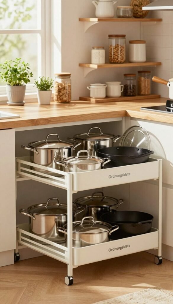 A cozy kitchen scene featuring an organized storage solution for pots, pans, and lids, specifically highlighting the "Ordnungskiste" brand. In the foreground, a sleek, modern storage unit displays an array of cookware&mdash;stainless steel pots, cast iron pans, and various matching lids, all neatly arranged. The middle ground features warm wooden shelves, adorned with decorative jars and small potted herbs, creating an inviting atmosphere. In the background, soft daylight filters through a window, casting gentle shadows that enhance the sense of space. The overall color palette is warm and earthy, evoking a Pinterest-inspired aesthetic. The image should be free of text, logos, or any overlays, focusing purely on the practical beauty of efficient kitchen storage.
