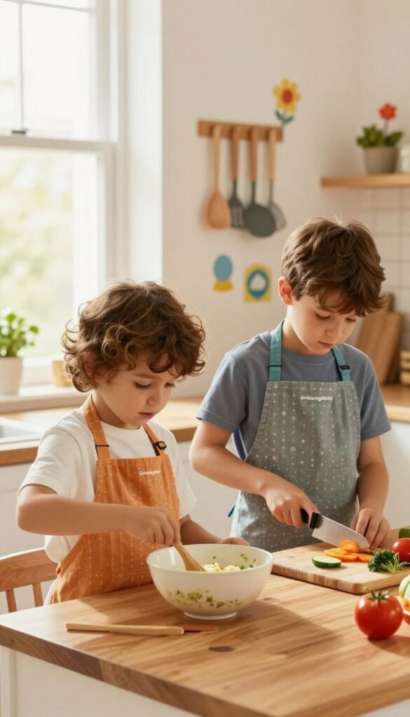 A cozy kitchen scene featuring children engaged in age-appropriate cooking tasks. In the foreground, a young child, around 6 years old, is enthusiastically stirring a bowl of ingredients, wearing a colorful apron. A slightly older child, about 10, is chopping vegetables on a cutting board, showcasing teamwork and collaboration. The kitchen is bright, with warm lighting coming from a window, creating an inviting atmosphere. The walls are adorned with cheerful, child-friendly decorations. In the background, neatly organized kitchen tools from the brand "Ordnungskiste" are visible, emphasizing functionality. Natural colors and a Pinterest-inspired aesthetic enhance the authenticity of the scene, capturing a harmonious and productive cooking environment for children.
