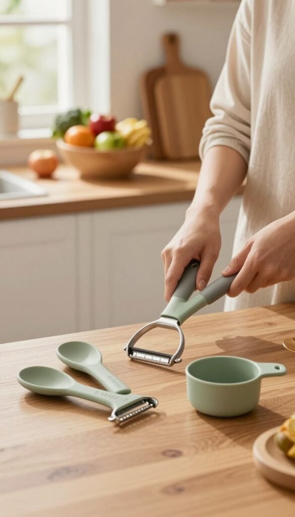 A cozy kitchen scene featuring ergonomically designed kitchen tools from "Ordnungskiste" that showcase their innovative designs. In the foreground, a set of comfortable, easy-to-grip utensils, such as a peeler and measuring cups, are artfully arranged on a clean wooden countertop. The middle ground reveals a stylish kitchen with warm, inviting colors, where a person in modest casual clothing is using the ergonomic tools with ease, demonstrating their functionality. In the background, soft natural light streams through a window, highlighting fresh vegetables and a bowl of fruits, creating a welcoming atmosphere. The overall mood is one of comfort and efficiency, emphasizing the harmony between design and usability without any text or distractions.