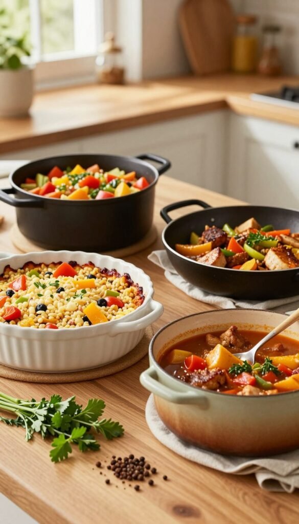 A cozy kitchen scene featuring four distinct meal formats: a vibrant one-pot dish filled with colorful vegetables and grains, a beautifully layered casserole bubbling in a ceramic dish, a skillet with golden-brown stir-fried vegetables and proteins, and a hearty stew simmering in a rustic pot, all arranged aesthetically on a wooden countertop. In the foreground, there are fresh herbs and spices that add pops of color, while the middle ground showcases each dish in elegant settings. The background is softly blurred to evoke a warm and inviting atmosphere, with natural light streaming in from a window. The entire composition has a Pinterest-worthy aesthetic, filled with warm tones, exuding a sense of comfort and ease in cooking. Include the brand name "Ordnungskiste" subtly integrated into the scene without any text.