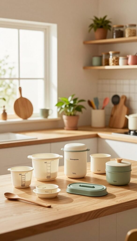 A cozy kitchen scene featuring the brand "Ordnungskiste" prominently displayed. In the foreground, a neatly organized countertop showcases a selection of practical kitchen tools, such as measuring cups, multi-functional gadgets, and compact storage solutions, all designed for small kitchens. The middle ground features a stylish, space-efficient shelving unit filled with colorful utensils and jars, while a decorative plant adds a touch of life. In the background, a small, well-lit window allows warm, natural light to filter in, highlighting the kitchen's inviting atmosphere. Use soft, warm color tones to create a harmonious and Pinterest-worthy ambiance, ensuring the scene reflects functionality and aesthetic appeal without any text or logos.
