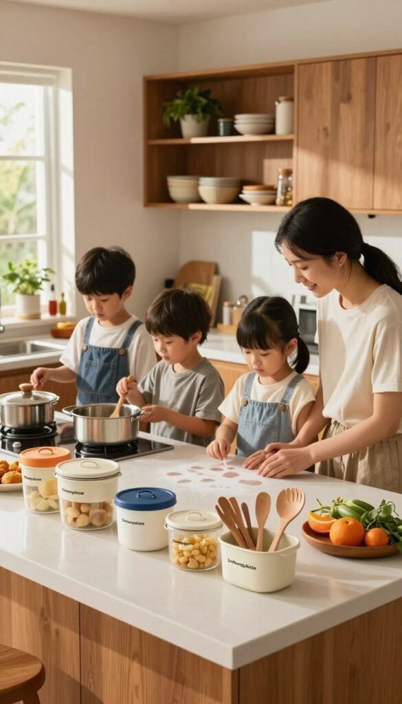 A cozy kitchen scene featuring the concept of "fingerprints" in a modern, family-oriented design. In the foreground, a beautifully organized kitchen island with stylish containers labeled "Ordnungskiste," showcasing various cooking utensils and ingredients, emphasizing practicality. In the middle, a family of four, dressed in modest casual clothing, interacts while cooking together, leaving subtle fingerprints on the countertop, depicting involvement in kitchen activities. The background shows warm wooden cabinetry and open shelving displaying neatly arranged dishes and plants, enhancing the homey atmosphere. Soft, natural lighting filters through a nearby window, casting gentle shadows and creating a welcoming and vibrant ambiance, reminiscent of Pinterest aesthetics, with a harmonious blend of colors without any text or distractions.