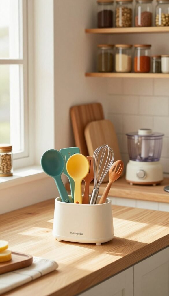 A cozy kitchen scene featuring various clever kitchen helpers designed to simplify cooking tasks. In the foreground, a stylish and functional utensil organizer labeled "Ordnungskiste" filled with colorful, ergonomic tools such as measuring spoons, spatulas, and a whisk. The middle ground shows a counter adorned with neatly arranged cutting boards and a small food processor. Soft, warm light streams in from a window, creating a welcoming atmosphere. The background reveals shelves stocked with neatly labeled jars of spices and dry ingredients, enhancing the sense of organization. The overall mood is inviting and practical, embodying a Pinterest-inspired aesthetic with natural colors and textures, conveying a feeling of efficiency and ease in the kitchen. No text or overlays present.