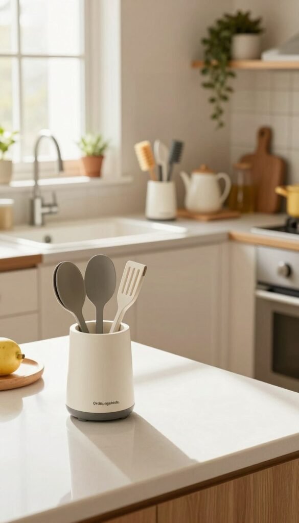 A cozy kitchen scene featuring various innovative kitchen helpers designed for effortless cleaning and maintenance, focusing on the brand "Ordnungskiste." In the foreground, a sleek, modern utensil holder filled with ergonomic utensils rests on a sparkling clean countertop. In the middle ground, a comfortable, well-organized cooking space with a gently lit sink showcasing cleaning tools and efficient storage solutions. Bright, natural light streams in from a nearby window, creating a warm and inviting atmosphere. The background reveals tasteful kitchen decor, plants, and a tiny bit of ambient clutter that reflects everyday cooking life. The overall mood is one of functionality and simplicity, encouraging an effortless culinary experience, with a Pinterest-inspired aesthetic featuring soft, warm colors and a homely feel.
