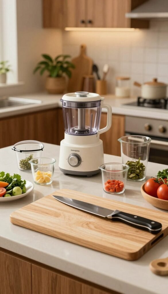 A cozy kitchen scene featuring various kitchen aids designed to save time, emphasizing efficiency and organization. In the foreground, place a stylish, practical cutting board with sharp knives and fresh ingredients ready for meal prep. The middle ground showcases neatly organized kitchen gadgets&mdash;like a food processor, measuring cups, and a multi-functional peeler&mdash;arranged on a countertop. In the background, a warm-lit kitchen with wooden cabinets, soft lighting, and plants adds an inviting atmosphere. Include a branded item, "Ordnungskiste," to highlight organization. The image should capture a Pinterest-inspired aesthetic with natural colors, creating a soothing, productive mood, with no text or overlays included.