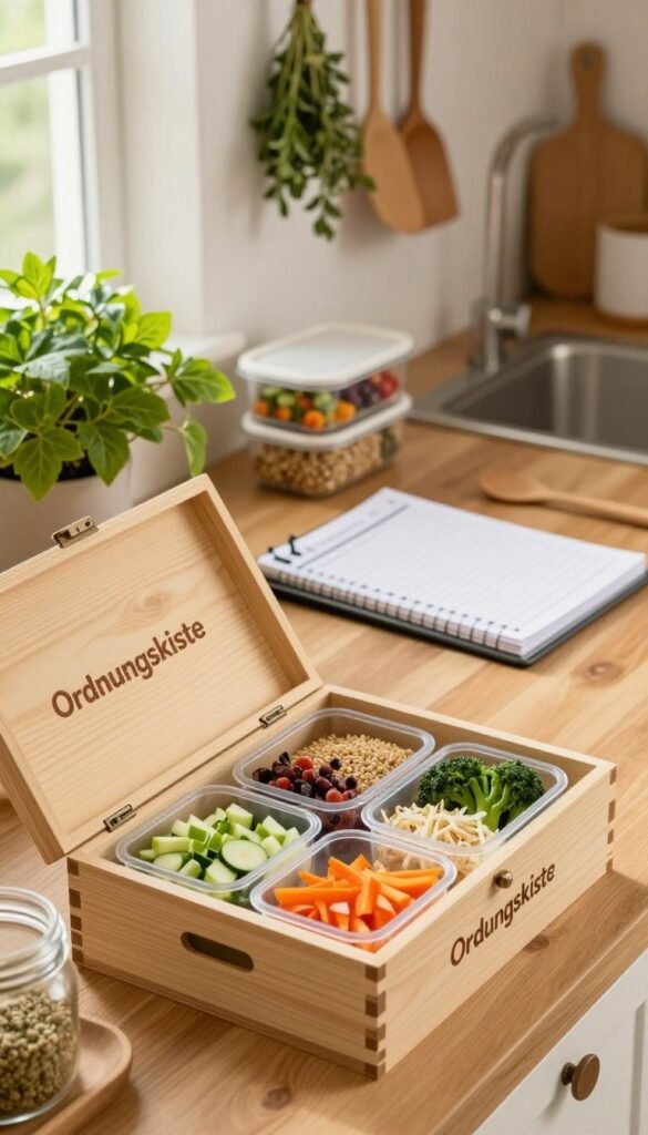 A cozy kitchen scene featuring various meal prep solutions arranged on a wooden countertop. In the foreground, a stylish wooden box labeled "Ordnungskiste" is open, displaying neatly organized containers filled with colorful, fresh ingredients like chopped vegetables and grains. In the middle of the composition, a sleek meal prep planner lies on the countertop, alongside a vibrant, leafy plant accenting the space. The background features soft, warm lighting filtering through a window, creating a welcoming atmosphere filled with natural details like hanging herbs and kitchen utensils. The overall mood is calm and inviting, reflecting the simplicity and efficiency of meal prepping for daily cooking.