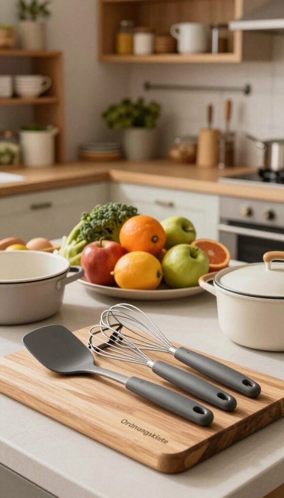 A cozy kitchen scene featuring various practical kitchen tools from the brand "Ordnungskiste". In the foreground, a stylish wooden cutting board holds a set of sleek kitchen utensils, including a spatula, whisk, and peeler, all with modern, ergonomic designs. In the middle, a colorful array of beautifully arranged fruits and vegetables adds a vibrant touch, surrounded by neatly arranged cookware. The background shows soft, warm lighting illuminating rustic cabinets filled with neatly stored ingredients and kitchen essentials. The atmosphere is inviting and homey, evoking a sense of culinary creativity and everyday functionality in a friendly, Pinterest-inspired style. Avoid any text or branding overlays for a clean and authentic look.
